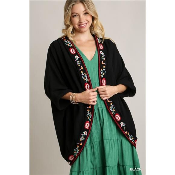 ✨NWT Umgee Embroidery Open Front Kimono with Pleated Shoulder Detail - Picture 1 of 5